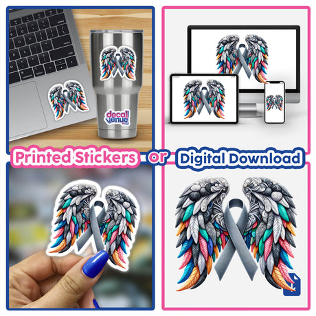 Grey Awareness Ribbon with Wings sticker collage showcases unique vinyl designs, featuring a ribbon and wings motif, available as stickers or digital downloads, aligning with Decal Venue's artistic collection.