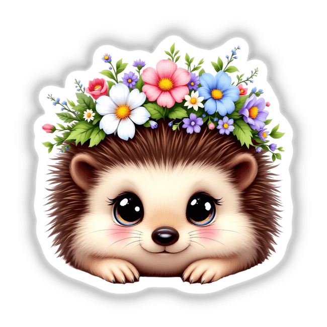 Sweet Hedgehog with a Flower Crown featuring a cartoon hedgehog adorned with vibrant flowers on its head, ideal as a sticker or digital art from Decal Venue.