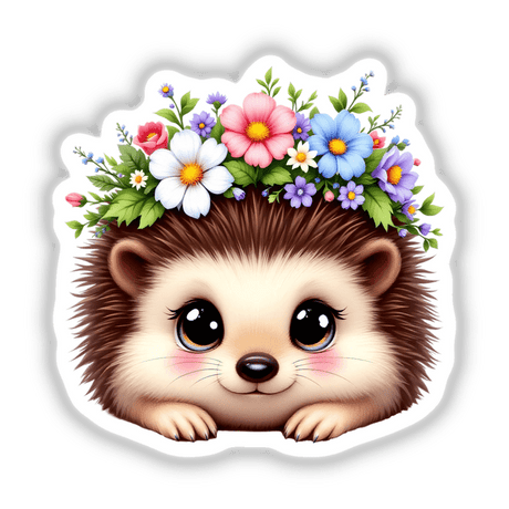 Sweet Hedgehog with a Flower Crown featuring a cartoon hedgehog adorned with vibrant flowers on its head, ideal as a sticker or digital art from Decal Venue.
