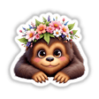 Adorable Sasquatch with a Spring Flower Crown depicted as a cartoon animal, available as stickers or digital art from Decal Venue, showcasing its charming floral headpiece.