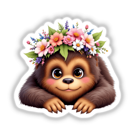 Adorable Sasquatch with a Spring Flower Crown depicted as a cartoon animal, available as stickers or digital art from Decal Venue, showcasing its charming floral headpiece.