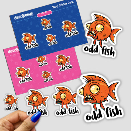 Odd Fish Quirky Funny Orange Goldfish Cartoon stickers, featuring cartoon fish with exaggerated expressions, held in a hand. Available as vinyl stickers or digital artwork from Decal Venue.