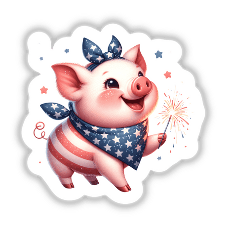 Patriotic Pig Wearing Bandana Holding Sparkler