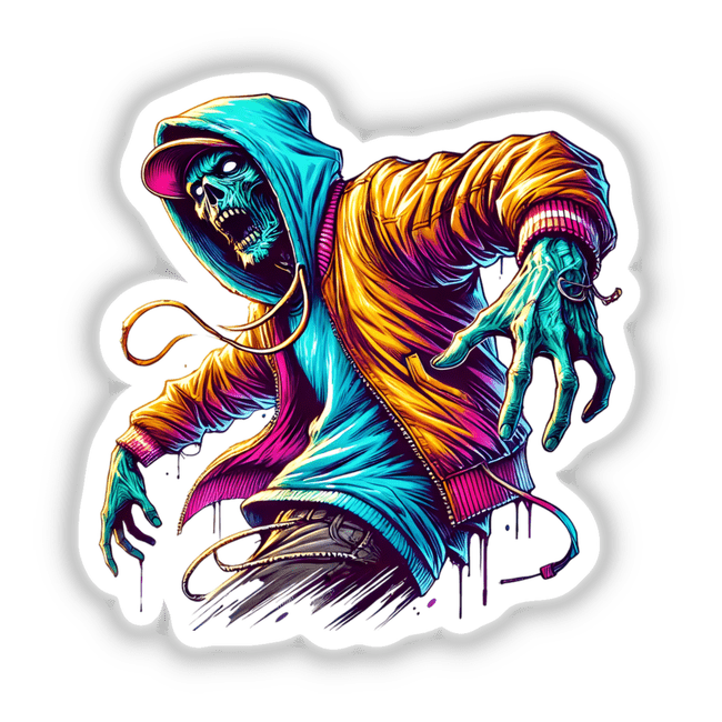 Zombie Wearing Hoodie Urban Vibes: A cartoon zombie in a hoodie, available as stickers or digital artwork from Decal Venue, known for unique stickers and digital art.