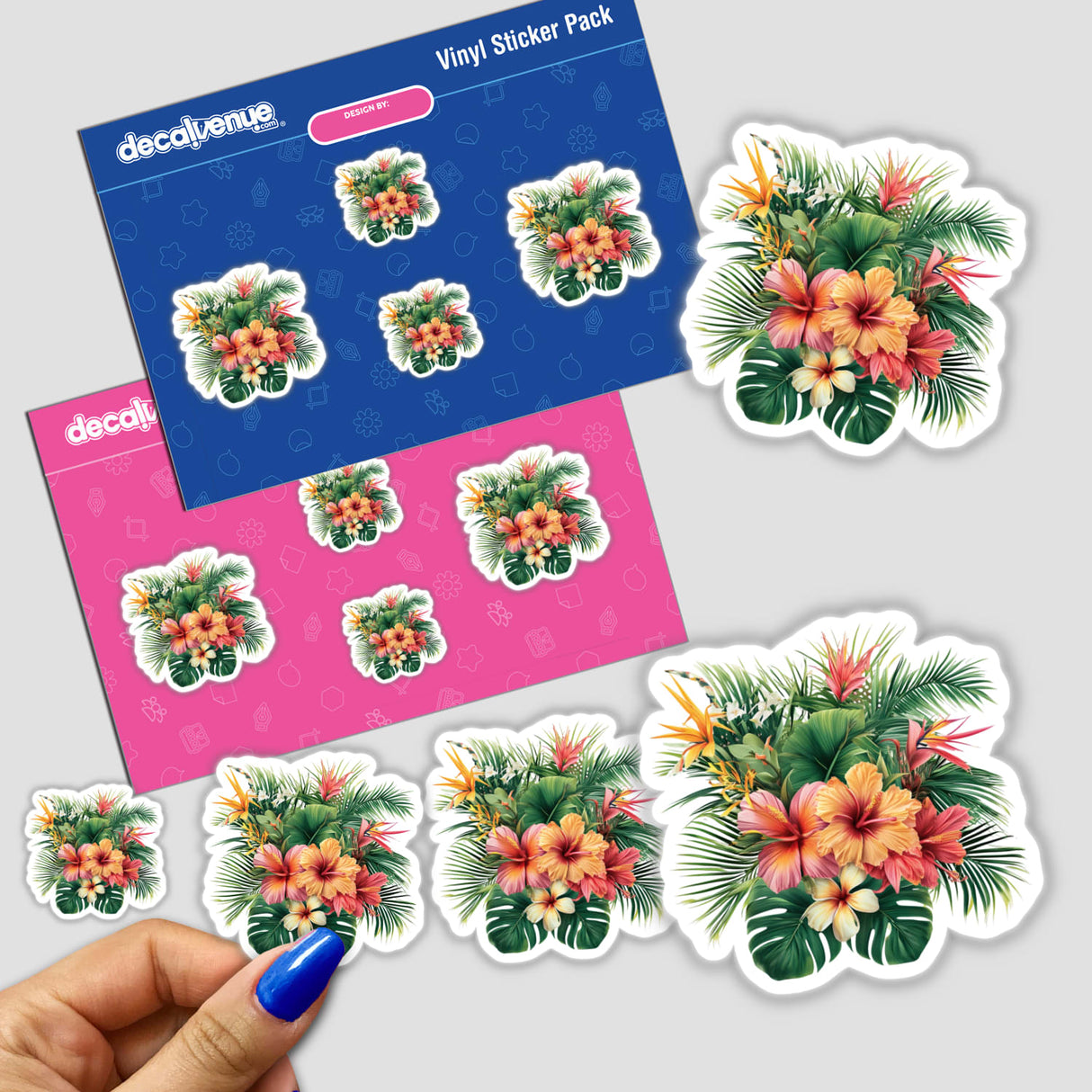 Tropical Flora Hibiscus Bouquet stickers featuring vibrant flowers and leaves, available as physical stickers or digital artwork.
