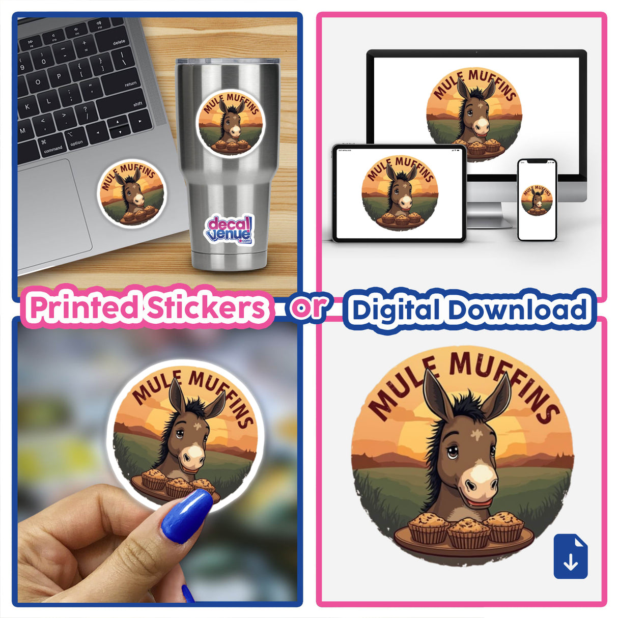 Adorable Mule Muffins Clipart - Stickers or Commercial Use Download: collage of donkey-themed stickers and digital artwork featuring a donkey with muffins, ideal for laptops or mugs.