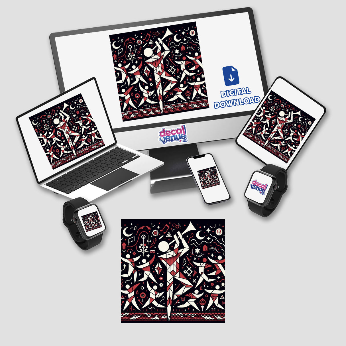 Abstract band digital artwork displayed on various devices, including a monitor, laptop, tablet, and smartwatch, showcasing dynamic, artistic images and available as stickers or digital downloads from Decal Venue.