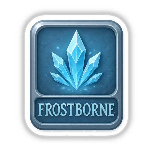 Frostborne – RPG-Style Skill Badge featuring a Silver Icy Crystal Emblem, available as a sticker or digital artwork, showcasing intricate design elements that emphasize its unique RPG theme.
