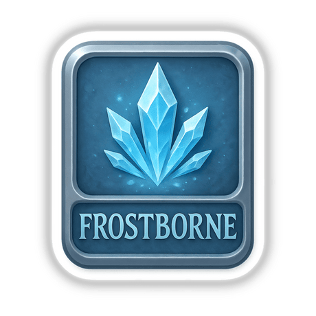 Frostborne – RPG-Style Skill Badge featuring a Silver Icy Crystal Emblem, available as a sticker or digital artwork, showcasing intricate design elements that emphasize its unique RPG theme.