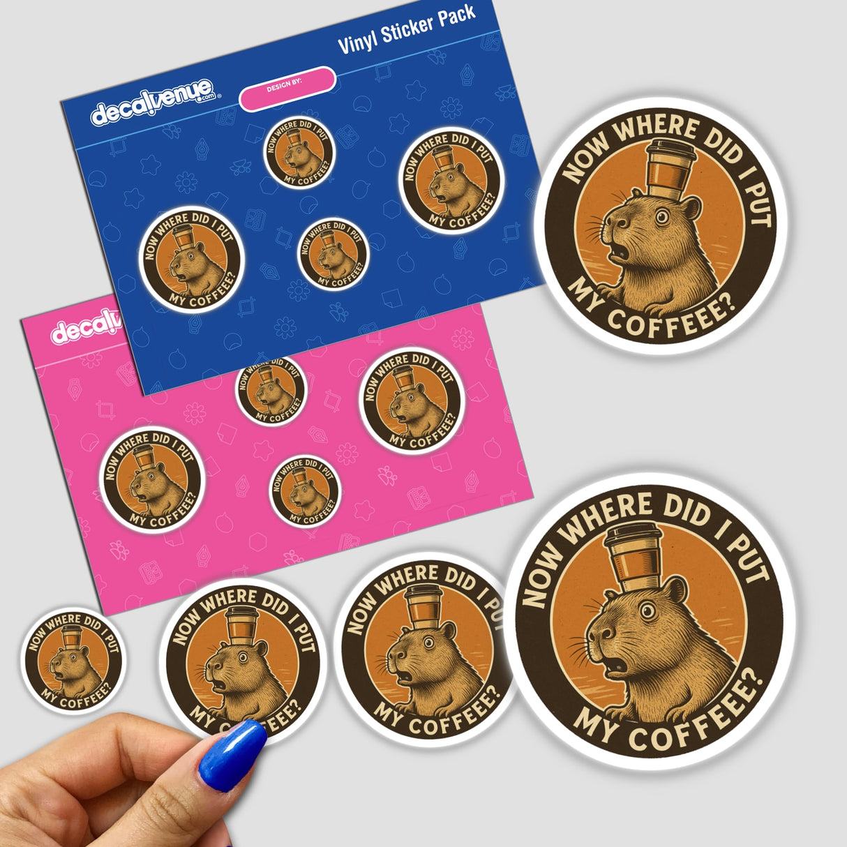 Capybara Coffee Quote Sticker or Clipart features a playful retro design, ideal for vinyl stickers or digital artwork, available with commercial rights. Perfect for adding charm to any project.
