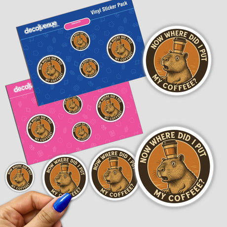 Capybara Coffee Quote Sticker or Clipart features a playful retro design, ideal for vinyl stickers or digital artwork, available with commercial rights. Perfect for adding charm to any project.