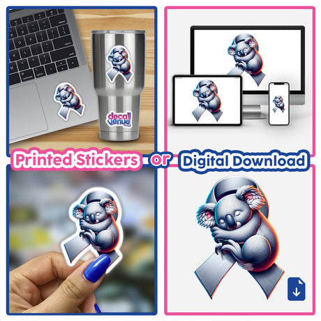 Sleepy Koala Grey Ribbon Brain Cancer Awareness sticker, featuring a cartoon koala hugging a ribbon, perfect for laptops. Available as a vinyl sticker or digital artwork.