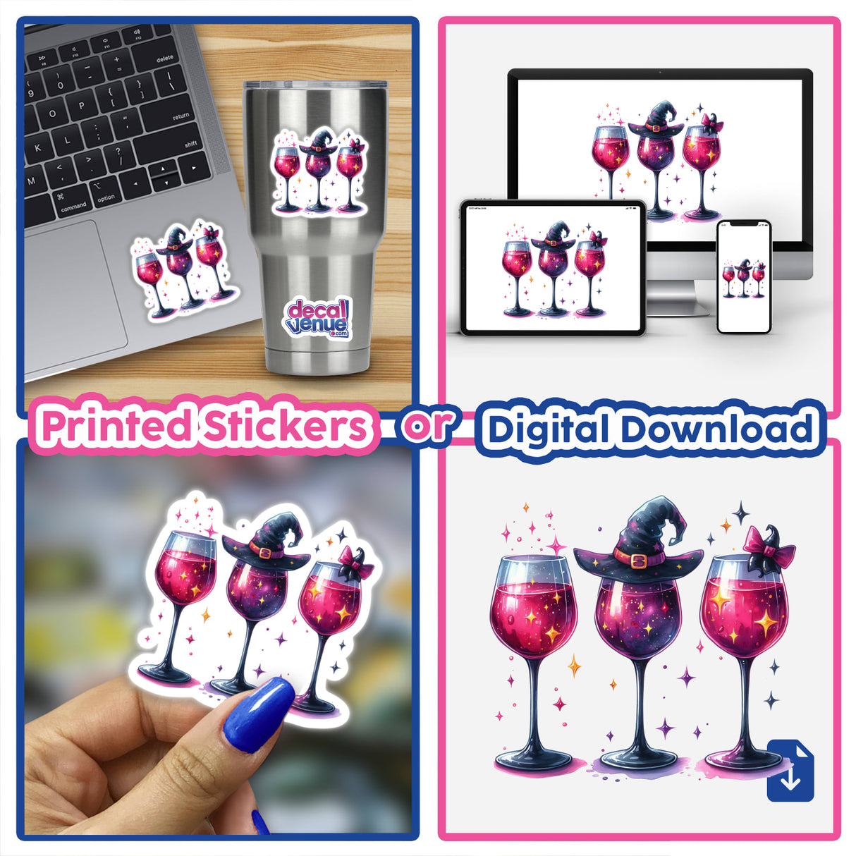 Three Halloween Witchy Red Wine Glasses illustrated on stickers, shown near laptops and other wine-themed items, available as stickers or digital artwork.