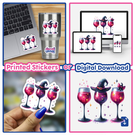 Three Halloween Witchy Red Wine Glasses illustrated on stickers, shown near laptops and other wine-themed items, available as stickers or digital artwork.