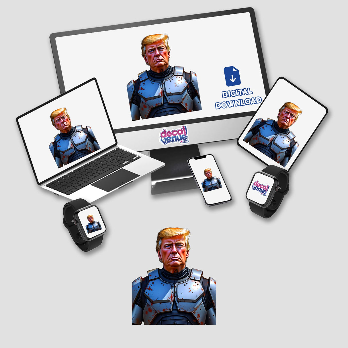 Futuristic President Donald Trump depicted as a digital artwork, featuring a man in armor with blood on his face, showcased on various electronic devices, available as stickers or digital art.