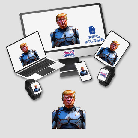 Futuristic President Donald Trump depicted as a digital artwork, featuring a man in armor with blood on his face, showcased on various electronic devices, available as stickers or digital art.