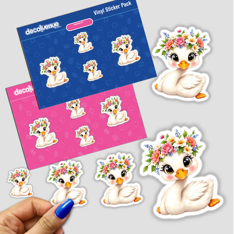 Elegant Swan with a Flower Crown sticker pack, featuring a cartoon swan adorned with colorful flowers on its head, embodying grace and charm, available at Decal Venue.