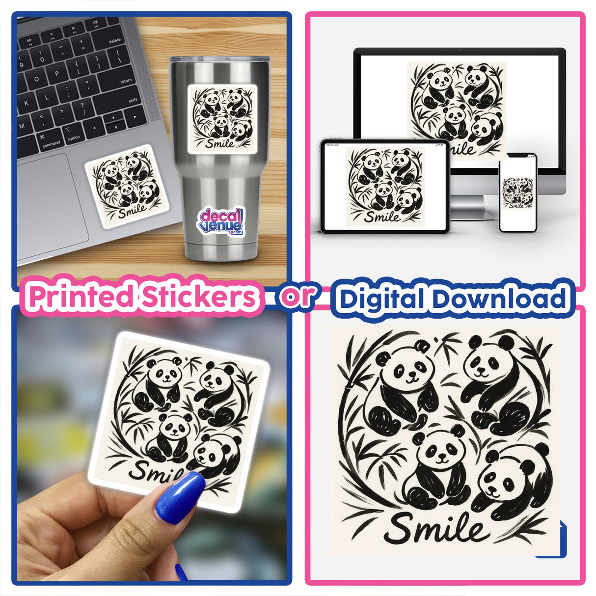 Smile Doodle Art Sumi-e Sticker or Clipart featuring a motivational panda design, available for commercial use. Ideal for those seeking unique vinyl stickers or digital artwork from Decal Venue.