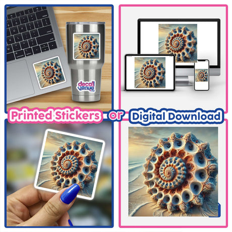 Fractal Shell - A Seashell with Endless, Repeating Patterns shown on a laptop screen, a close-up of the shell, and a hand holding a photo of the shell. Available as stickers or digital artwork.
