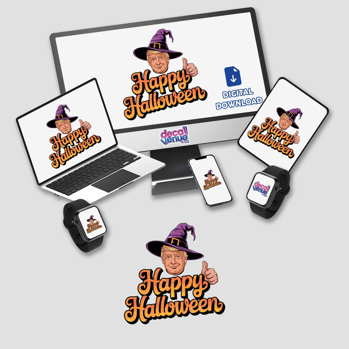 Happy Halloween Trump in Witch Hat MAGA illustration displayed on various digital devices, showcasing its availability as unique stickers or digital artwork from Decal Venue.