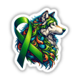 Colorful illustration of a wolf with a green ribbon, titled Wolf Green Ribbon Kidney Cancer Awareness, available as stickers or digital artwork from Decal Venue.