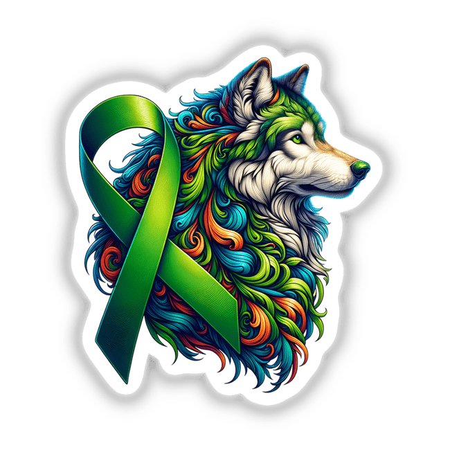 Colorful illustration of a wolf with a green ribbon, titled Wolf Green Ribbon Kidney Cancer Awareness, available as stickers or digital artwork from Decal Venue.
