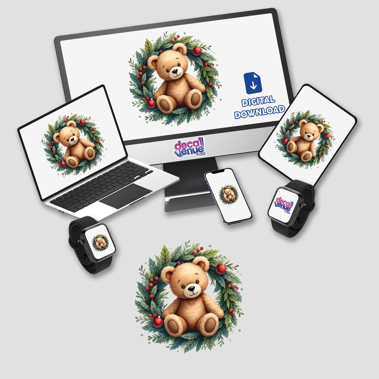 Teddy Bear in a Christmas Wreath displayed on a computer monitor and laptop, available as stickers or digital artwork from Decal Venue.