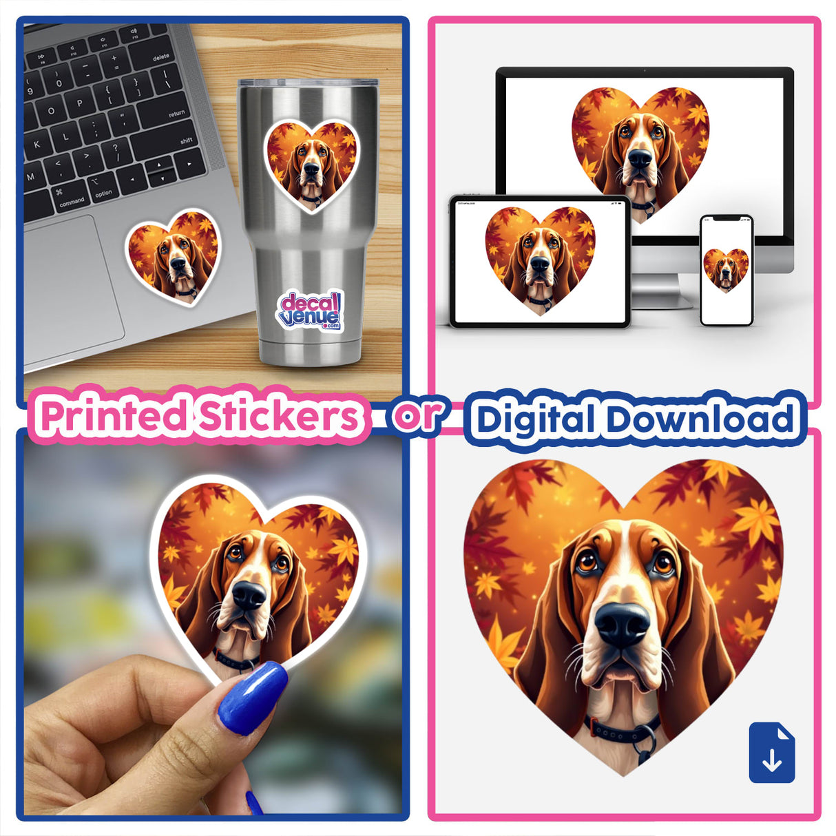 Collage featuring a laptop with a heart-shaped sticker of a Basset Hound, showcasing Decal Venue's Fall Aesthetic Basset Hound Heart Clipart available as stickers or digital artwork.