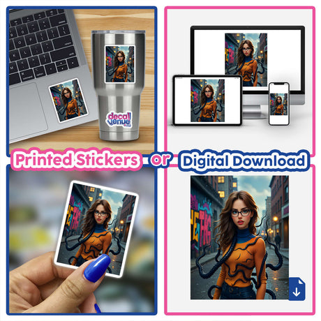 A collage featuring A Scary Symbiote Mutant Girl with octopus-like tentacles, available as stickers or digital artwork, showcasing a unique character design.
