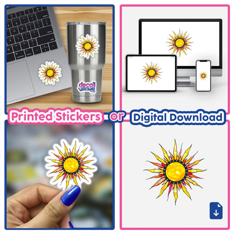 Sun Stained Glass Style sticker on a laptop keyboard, featuring a vibrant sun design with many rays, available as a sticker or digital artwork from Decal Venue.