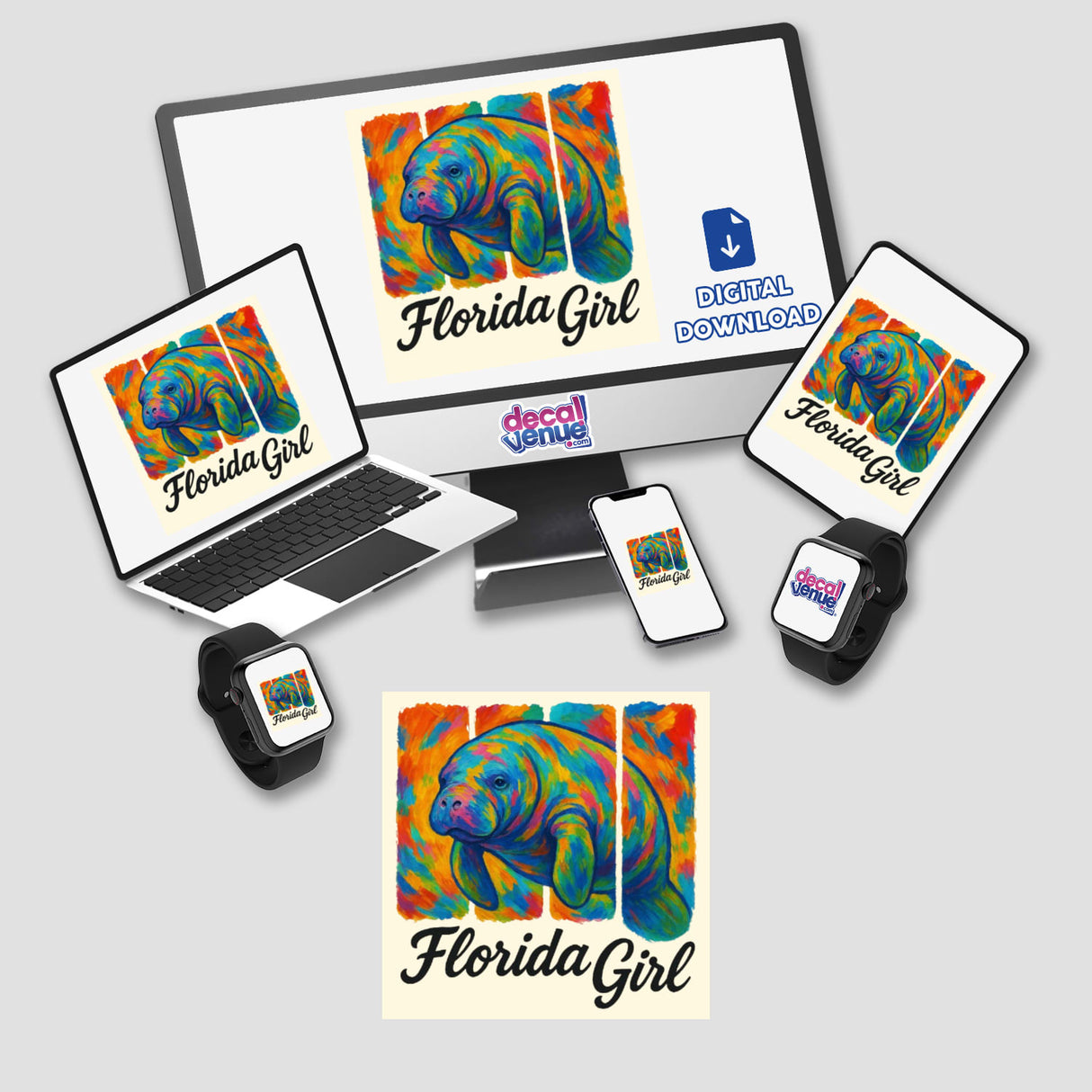 Florida Girl Sticker or Clipart with Commercial Rights features a colorful manatee design, perfect for vinyl stickers or digital artwork, reflecting Decal Venue's unique artistic offerings.