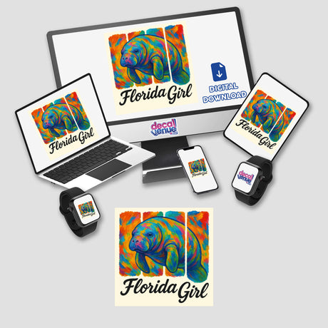 Florida Girl Sticker or Clipart with Commercial Rights features a colorful manatee design, perfect for vinyl stickers or digital artwork, reflecting Decal Venue's unique artistic offerings.