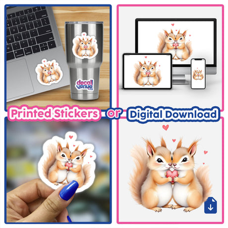 Snuggling Squirrels Holding Heart design featuring two squirrels with a heart, available as versatile stickers or digital artwork, perfect for personalizing laptops or digital displays.
