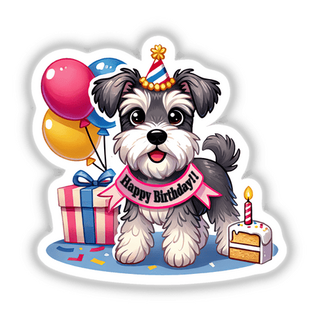 Happy Birthday Schnauzer sticker features a cartoon dog wearing a party hat, surrounded by balloons, cake, and gifts, embodying a festive celebration theme. Available as a sticker or digital artwork.