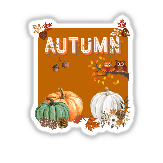 Autumn-themed sticker or digital artwork featuring pumpkins, pine cones, and flowers, ideal for seasonal decoration, available at Decal Venue.