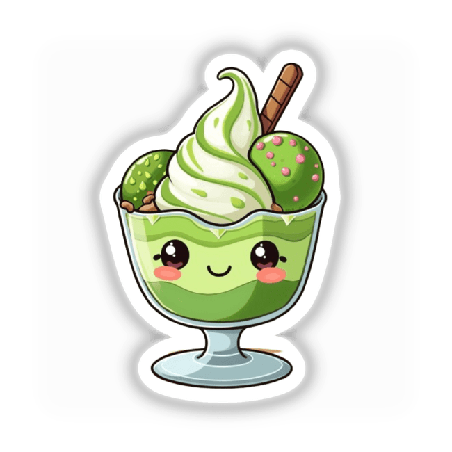 Kawaii Matcha Sundae Sticker – Cute Dessert Art, featuring a playful cartoon of a green ice cream sundae with a whimsical pear accent, available as stickers or digital artwork.