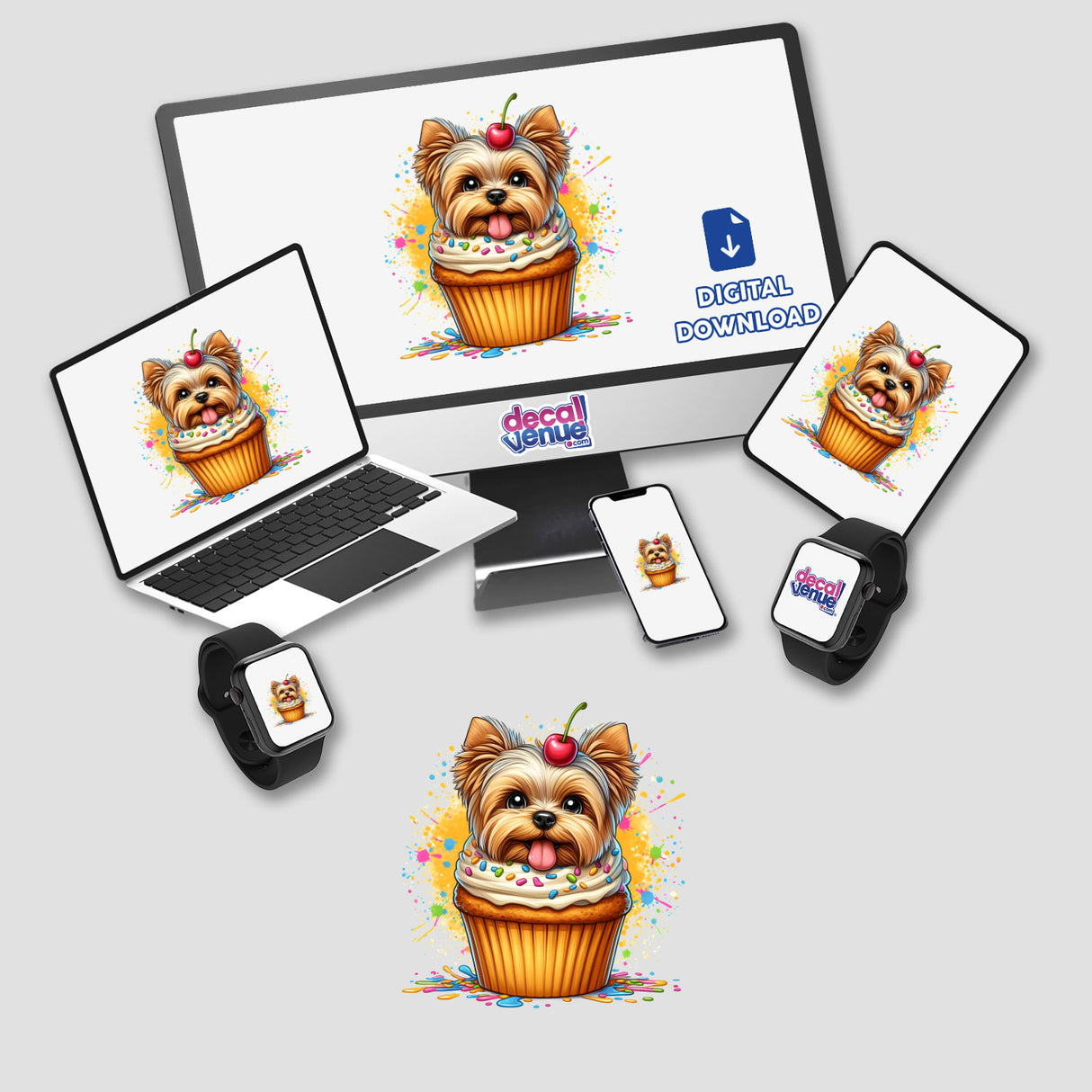 Adorable Yorkie dog in a cupcake illustration for digital art and stickers from Decal Venue's collection.