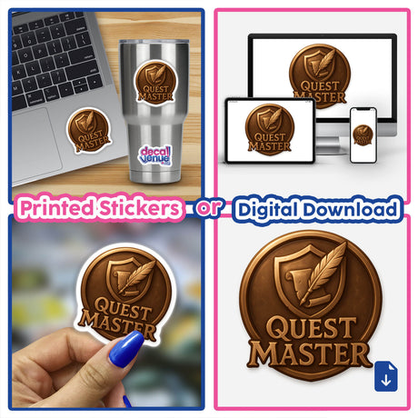 Quest Master – RPG-Style Skill Badge (Bronze Heroic Shield) depicted as a stylized emblem. Available as stickers or digital artwork, showcasing intricate detailing, perfect for fans of unique vinyl designs.