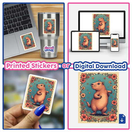 Capybara Floral Border Sticker or Clipart with Commercial Rights features a whimsical nature design, depicting a cartoon beaver framed by flowers, ideal for laptops or as digital artwork.