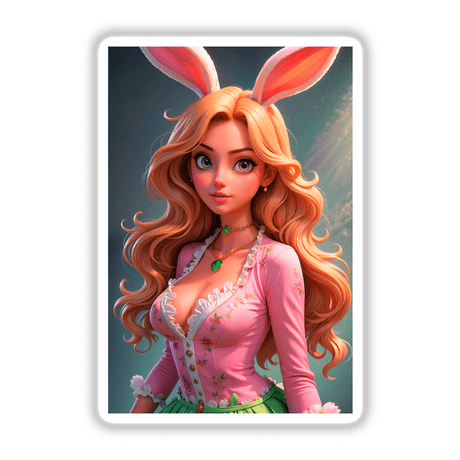 A Cute Easter Bunny Girl cartoon, featuring a woman with long hair and bunny ears, available as unique stickers or digital artwork from Decal Venue.
