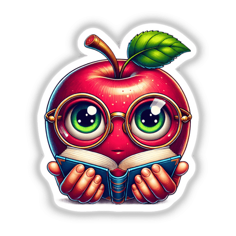 Apple in Reading Glasses with Book, available as stickers or digital artwork, featuring a cartoon apple character wearing glasses and reading a book.