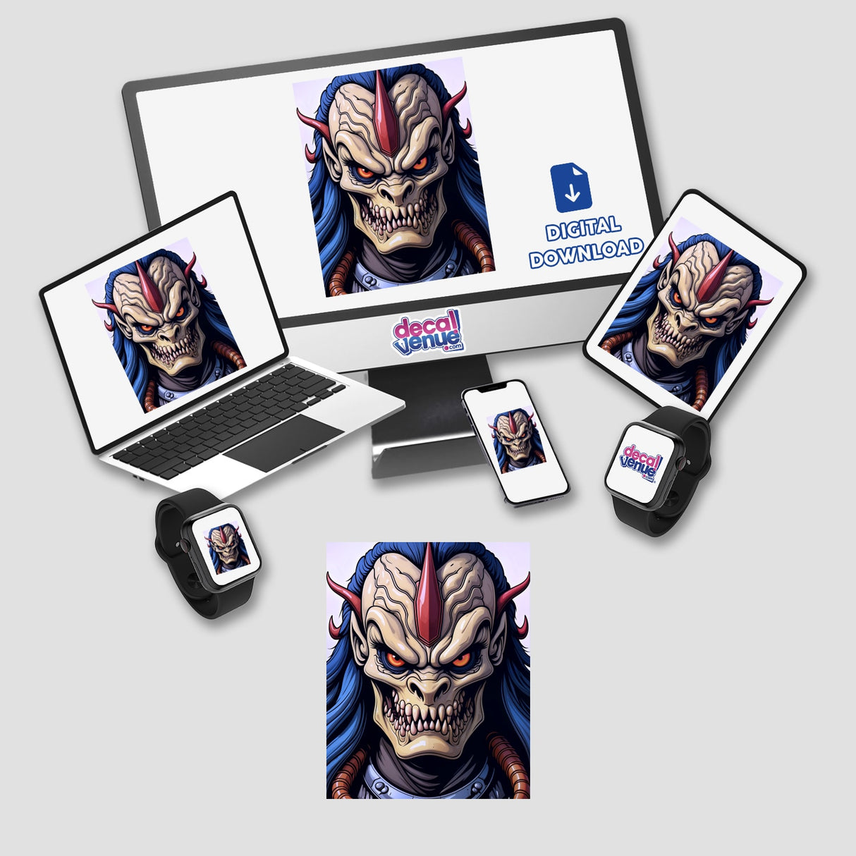 A Cool Alien Predator Soldier cartoon displayed on a computer monitor, laptop, tablet, smartphone, smartwatch, and keyboard, available as unique stickers or digital artwork from Decal Venue.