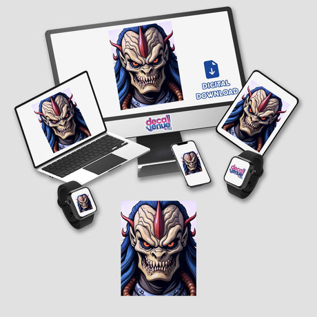 A Cool Alien Predator Soldier cartoon displayed on a computer monitor, laptop, tablet, smartphone, smartwatch, and keyboard, available as unique stickers or digital artwork from Decal Venue.