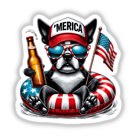 Boston Terrier American Flag Float Merica sticker: A cartoon dog wearing sunglasses and a hat, holding a beer and an American flag. Available as stickers or digital artwork.