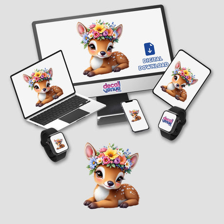 Delicate Fawn Wearing a Flower Crown: A cartoon deer adorned with a vibrant flower crown, shown on a computer monitor and laptop, embodying whimsical charm available as stickers and digital art.