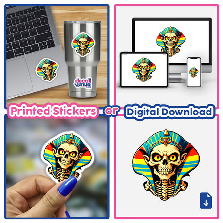 Collage of 'A Cool Egyptian Pharaoh Skull' sticker displayed on a laptop, cup, and phone, showcasing its unique cartoonish skeleton design available as stickers or digital artwork at Decal Venue.