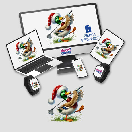 Mallard Duck Santa Swinging Golf Club depicted on a computer monitor and various devices, showcasing unique sticker or digital artwork options from Decal Venue.