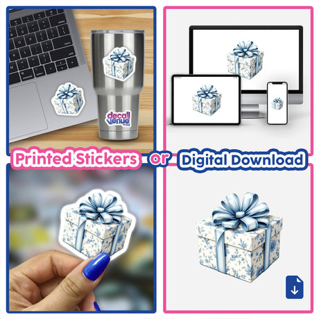 Chinoiserie Gift Box collage featuring close-ups and hands holding the box, adorned with a bow. Available as stickers or digital artwork.