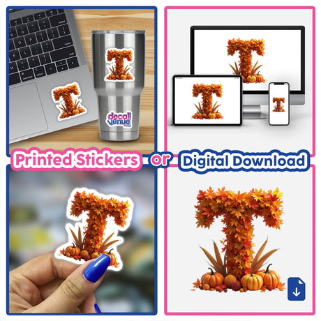 Thanksgiving Letter T Clipart featuring fall leaves and pumpkins on a laptop screen; available as stickers or commercial use download.