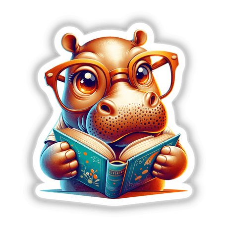 Cartoon hippo with reading glasses, holding an open book, available as stickers or digital artwork titled Hippo With Reading Glasses Open Book from Decal Venue.